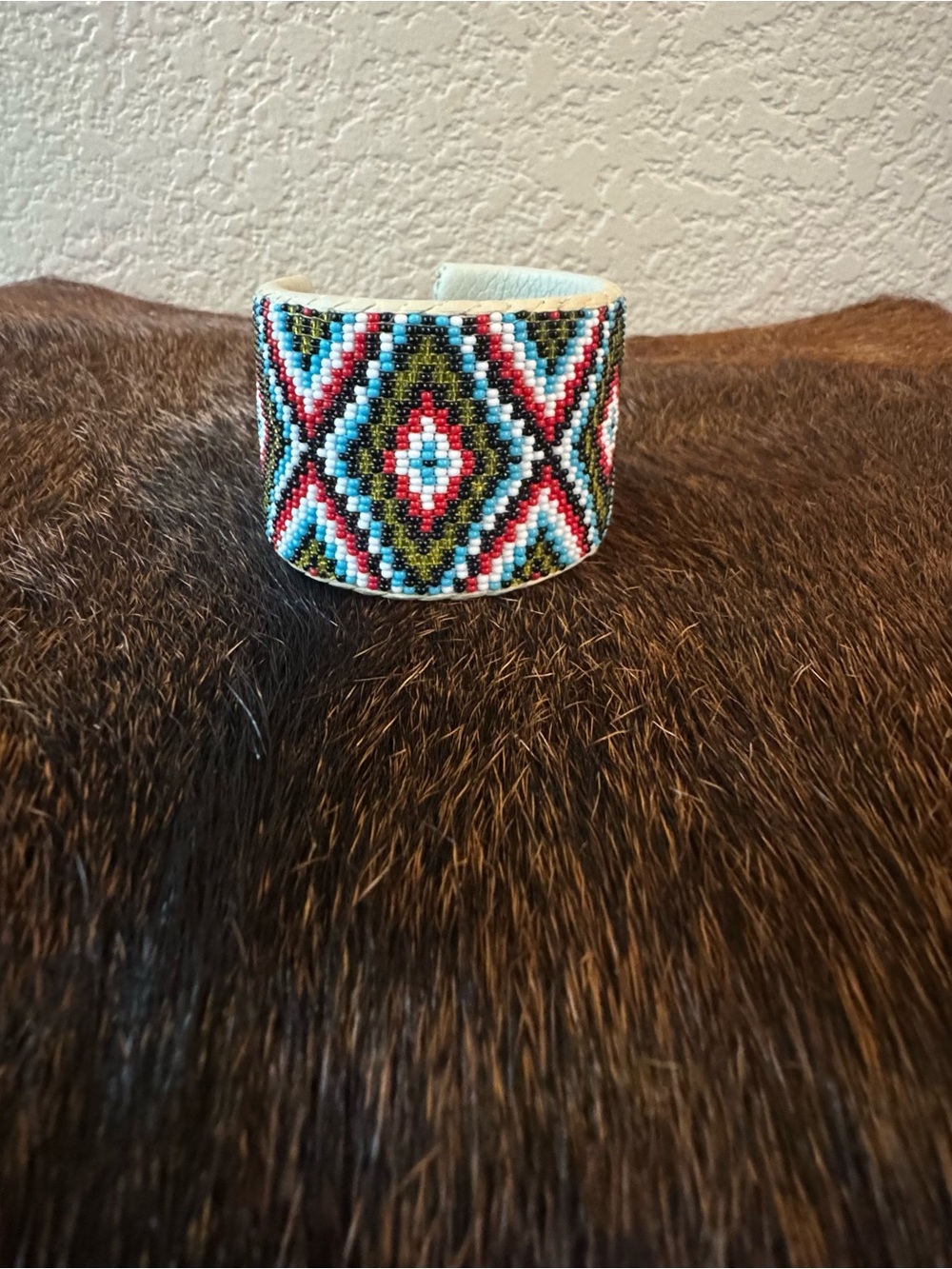 Beaded Aztec Pattern Cuff Bracelet in Turquoise, Red & Black